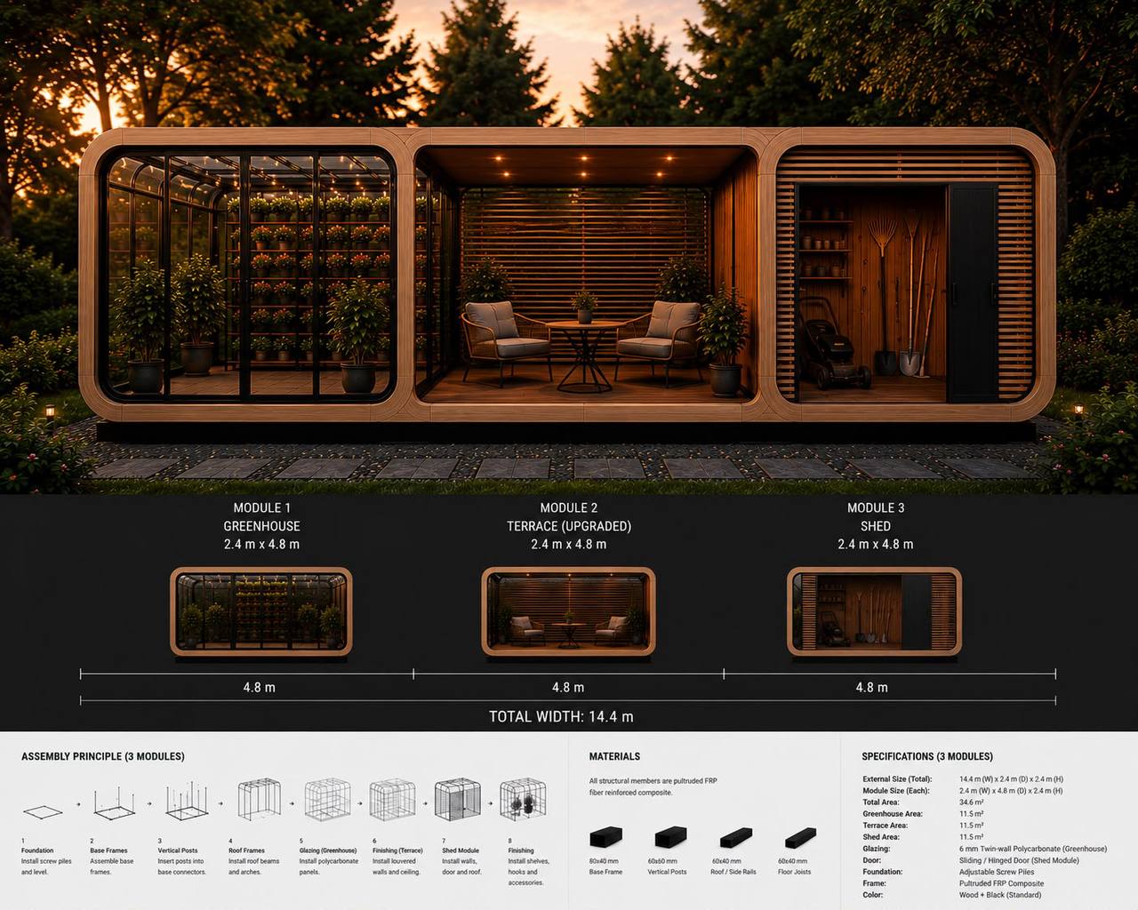 Three Eightback modules combined — greenhouse, terrace and shed — at dusk